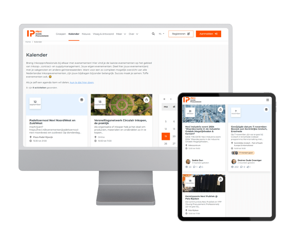 De afbeelding laat de site van Nevi Inside Procurement zien. Dit is het kennisnetwerk voor inkoop-, contract- en supplymanagement. Het is een mooi voorbeeld van een site waar evenementen zijn geïntegreerd. 