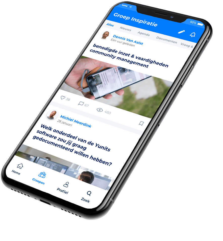 De afbeelding laat de mobiele app van Yunits zien. Met de Yunits mobiele app is de verbinding met jouw community nog makkelijker te leggen. De app zorgt voor een enorme vergroting van de deelnemersbetrokkenheid.